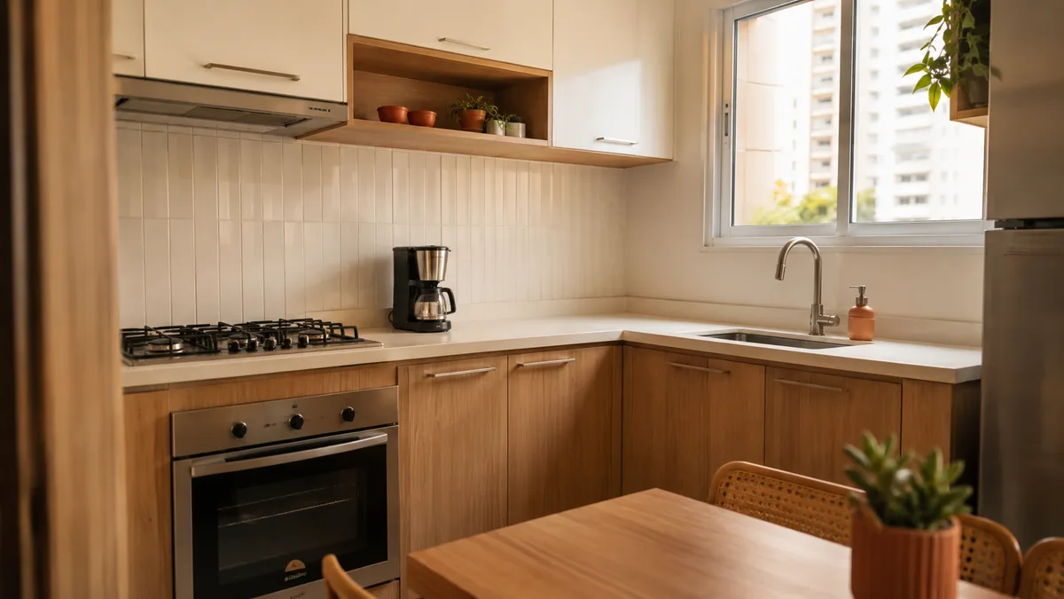 Cozinha pequena de apartamento compacto em São Paulo organizada com bancada livre e armários bem aproveitados