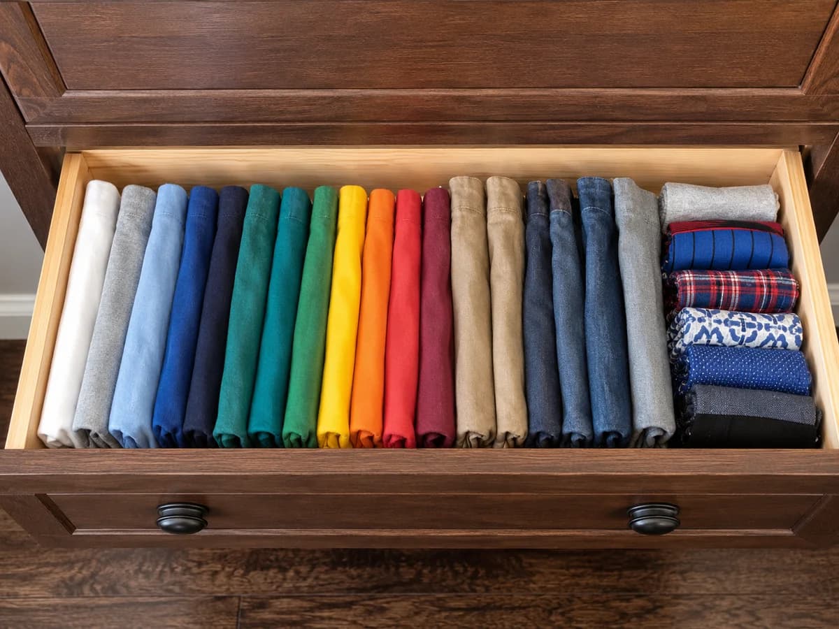 Gaveta com camisetas dobradas verticalmente em estilo KonMari, todas visíveis