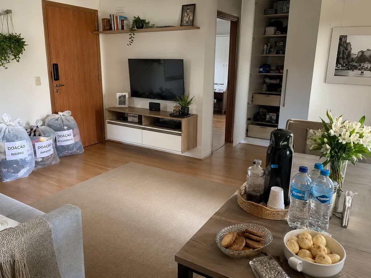 Área de triagem com itens organizados por categoria durante sessão de personal organizer