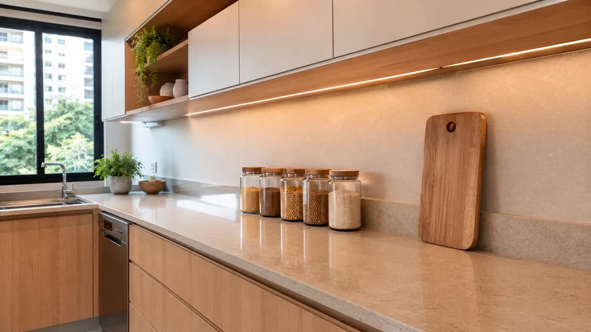 Cozinha organizada por zonas de uso em apartamento de São Paulo, bancada livre e armários com lógica clara