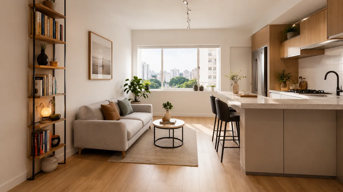 Apartamento compacto em São Paulo organizado e pronto para morar após a mudança, cada metro quadrado funcional