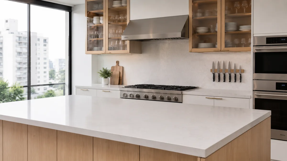 Cozinha gourmet organizada com ilha central em apartamento de São Paulo, bancada livre e utensílios na parede