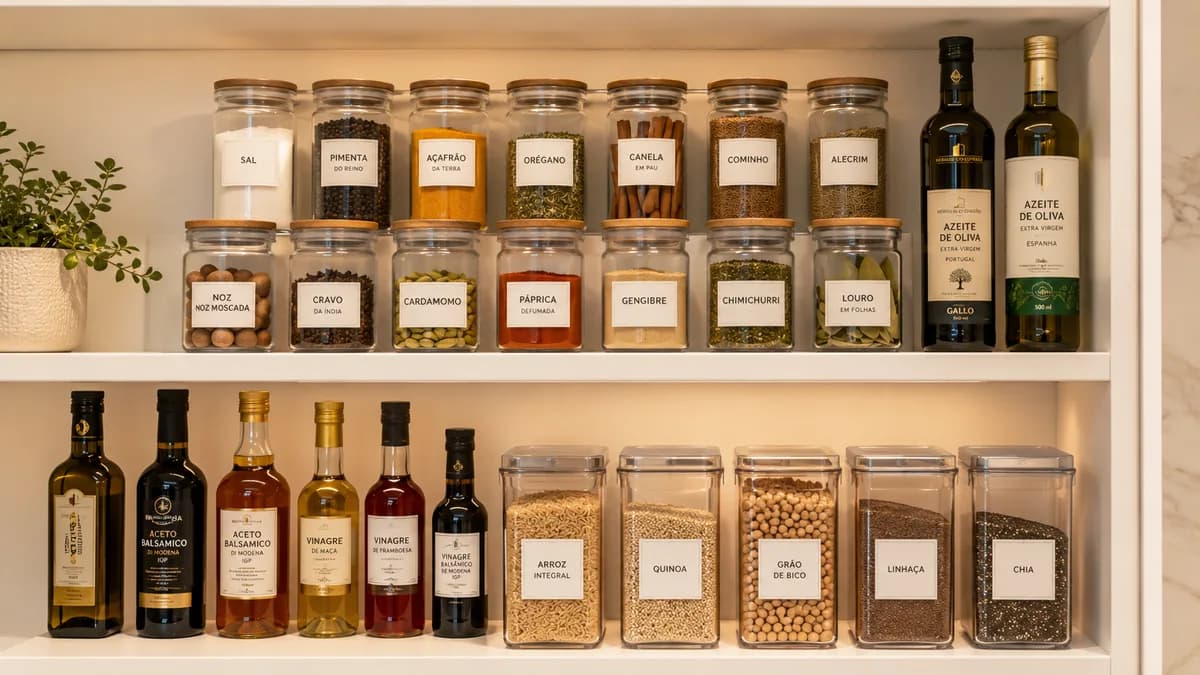Despensa de cozinha gourmet com especiarias organizadas por categoria culinária em cestas etiquetadas