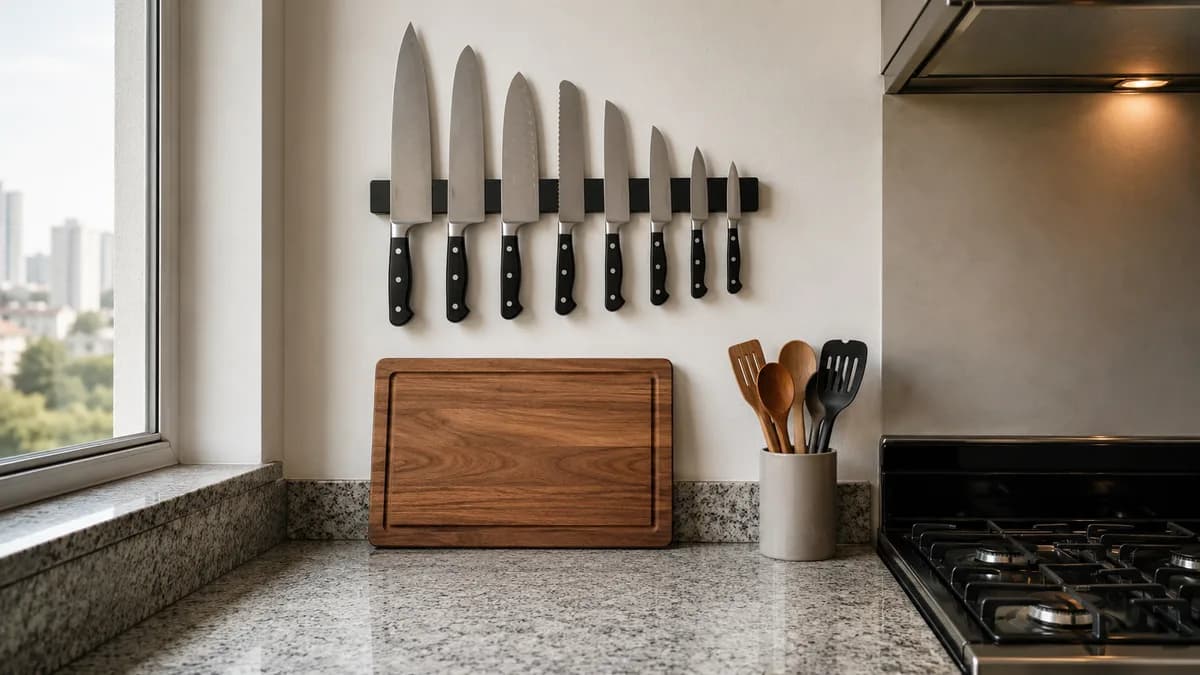 Suporte magnético de parede com facas de chef organizadas e rack vertical com tábuas em cozinha gourmet