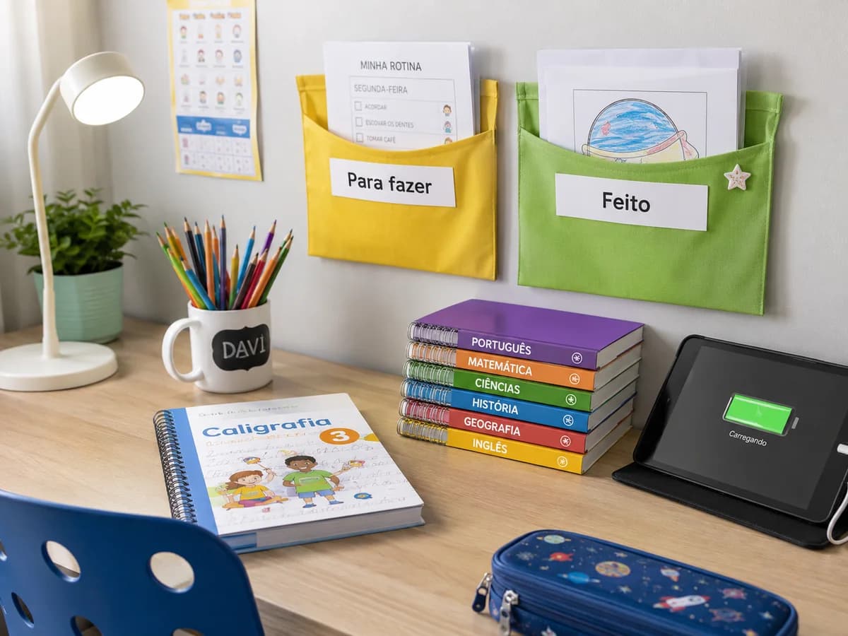 Mesa de estudo infantil organizada com porta-lápis, pasta de papéis e prateleira de cadernos