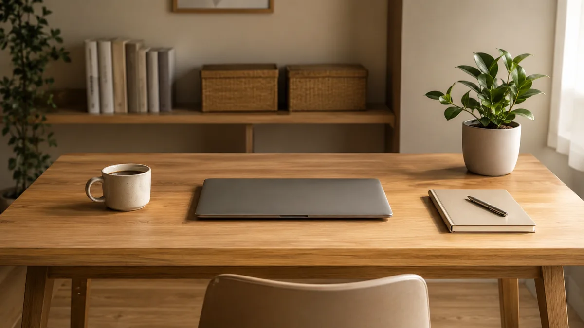 Ambiente de trabalho em casa organizado e calmo, favorecendo foco e produtividade