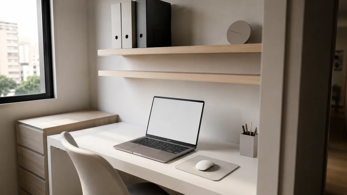 Home office organizado em apartamento de São Paulo com posto de trabalho fixo separado da rotina doméstica