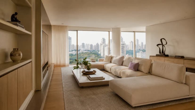 Sala de apartamento de alto padrão organizada em São Paulo com objetos de valor posicionados por zonas de uso