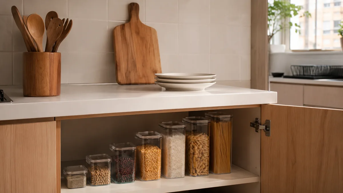 Cozinha compacta organizada por zonas de uso em apartamento de São Paulo