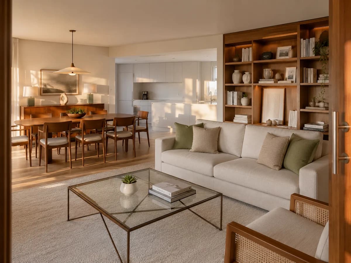 Sala de estar e cozinha de apartamento novo completamente organizadas após atendimento de mudança