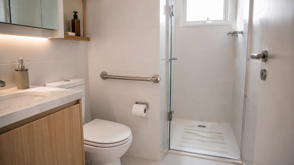 Banheiro adaptado para idoso com barra de apoio lateral ao vaso e espaço livre no box