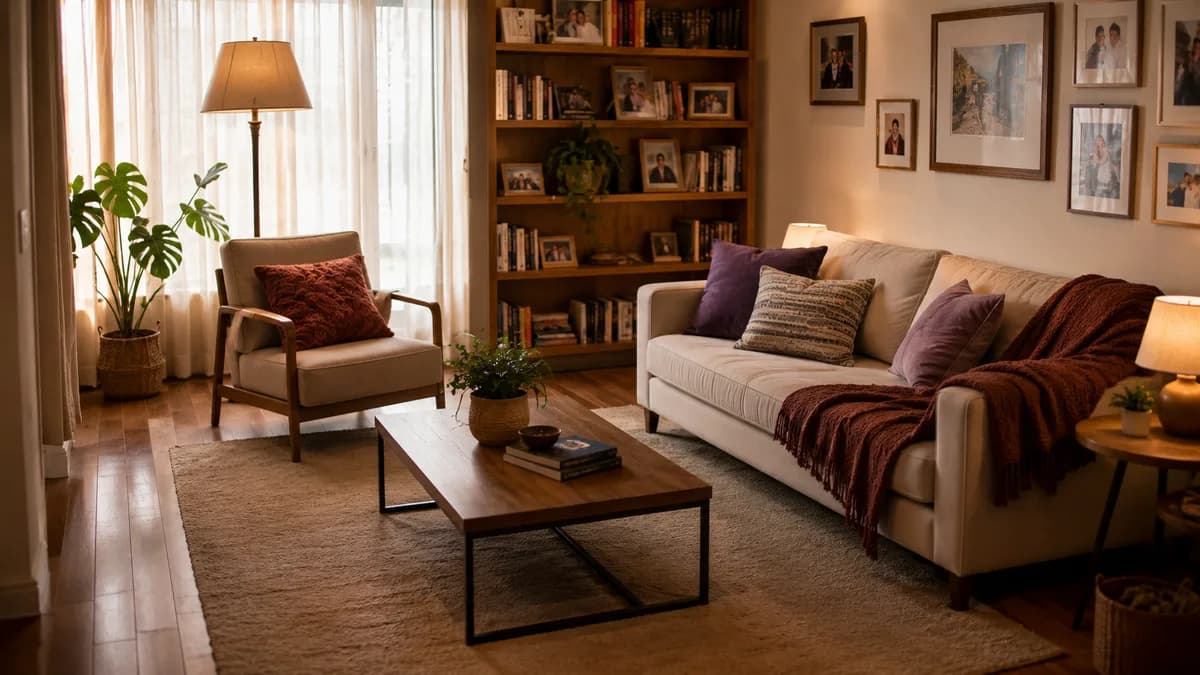 Sala de estar com passagens livres e móveis posicionados para circulação segura de idoso
