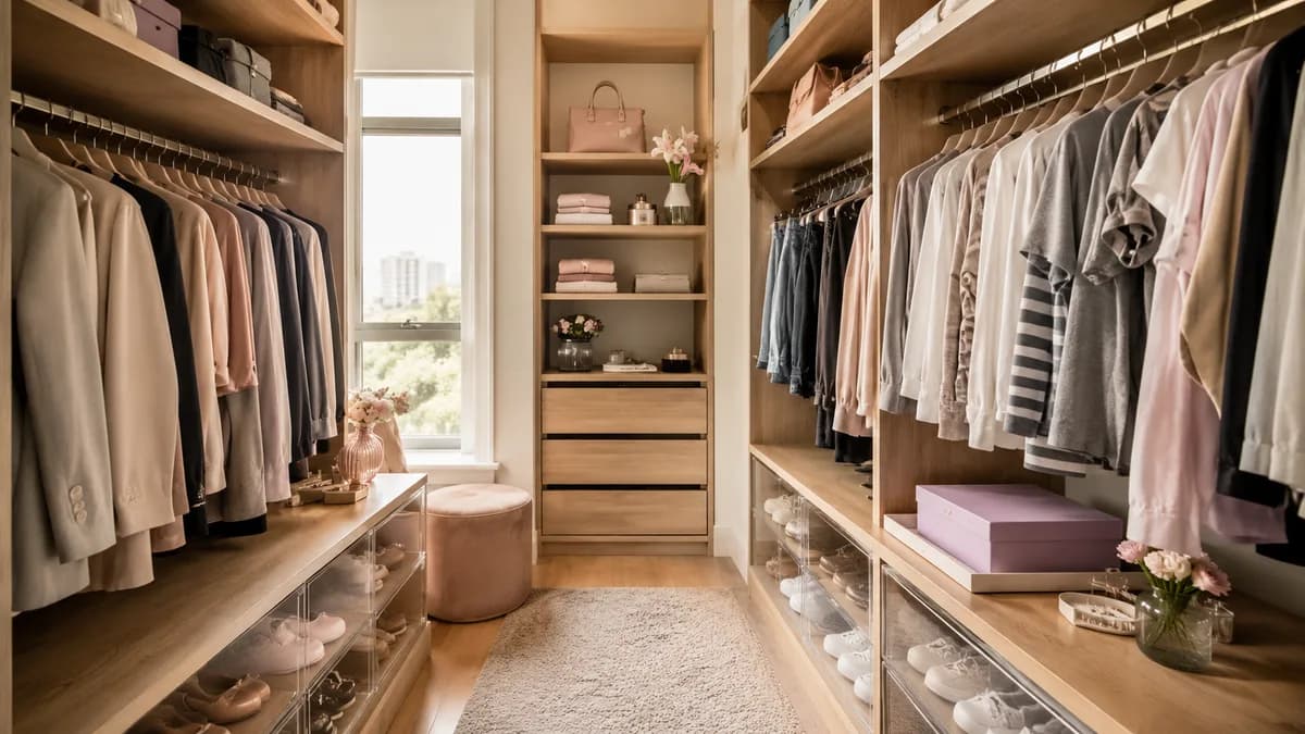 Closet organizado por zonas em apartamento de São Paulo com roupas setorizadas por tipo e frequência de uso