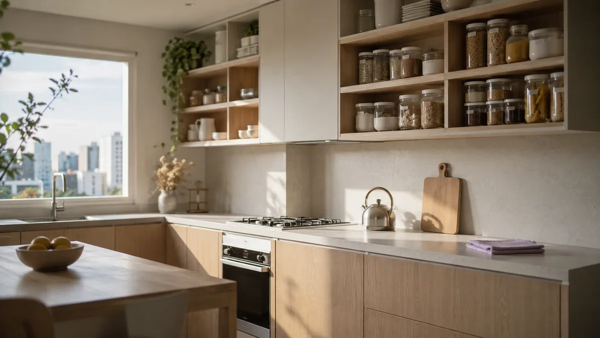 Cozinha organizada por zonas em apartamento de São Paulo com bancadas livres e armários funcionais