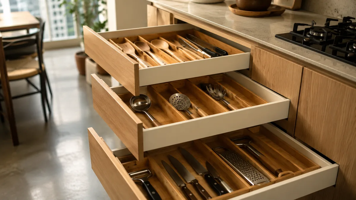 Gavetas de cozinha organizadas por categorias de utensílios em apartamento de São Paulo