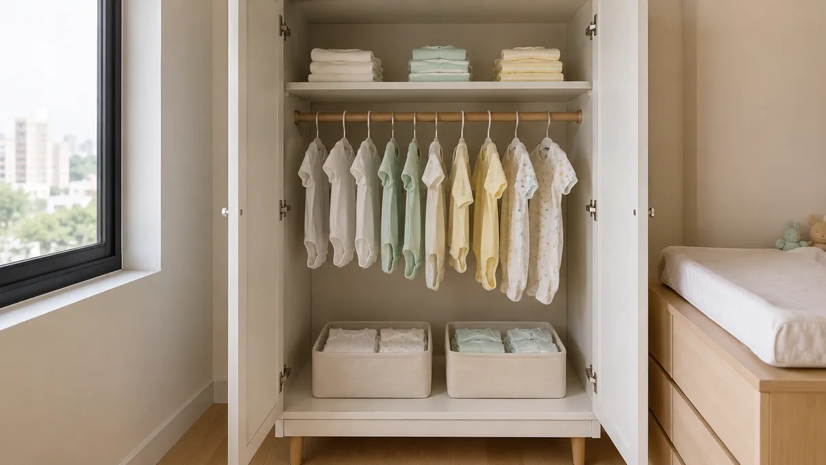Quarto de bebê com enxoval organizado por tamanho de roupa em apartamento pequeno de São Paulo