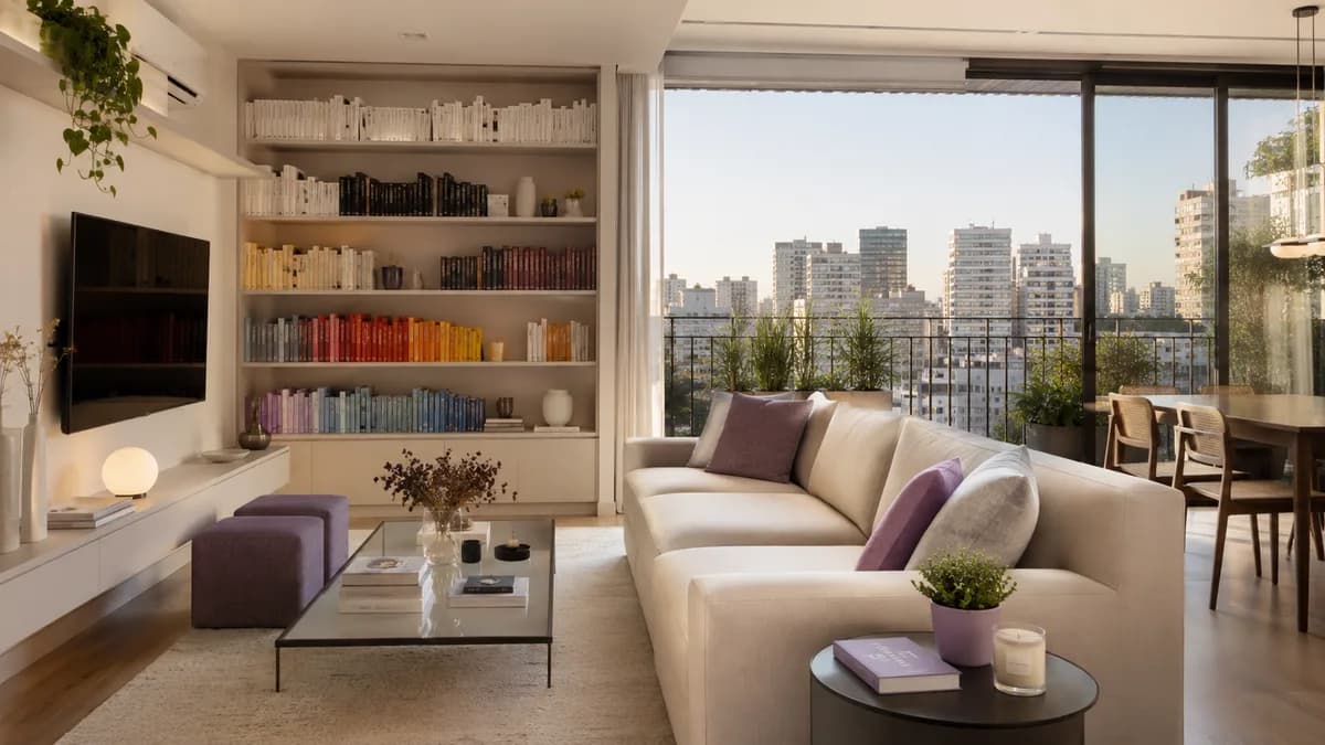 Sala de apartamento organizado em São Paulo com móveis funcionais e ausência de acúmulo