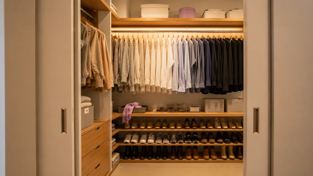 Closet organizado por categoria em apartamento de São Paulo: roupas setorizadas por tipo e frequência de uso