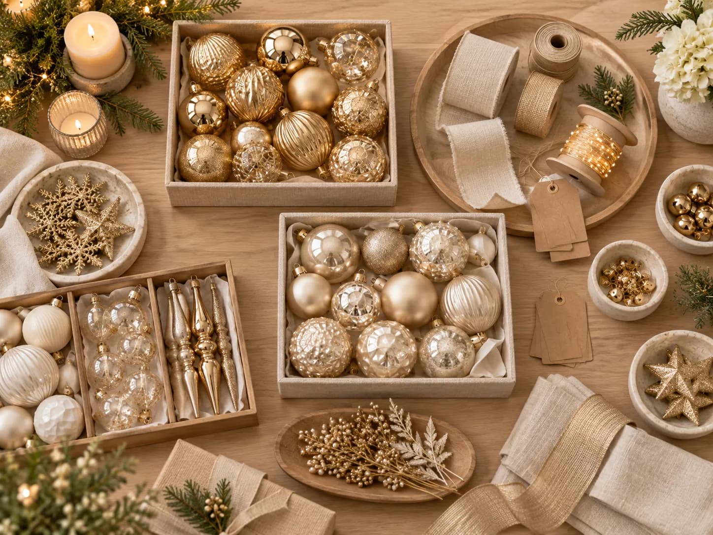 Christmas ornaments sorted by color and category on a table