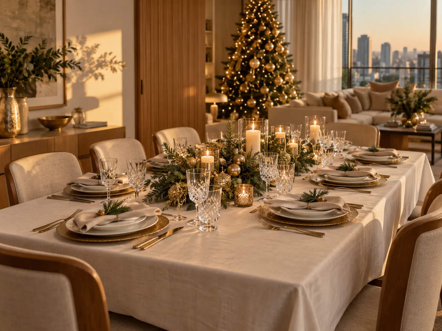 Decorated Christmas tree and set Christmas Eve table in a São Paulo apartment