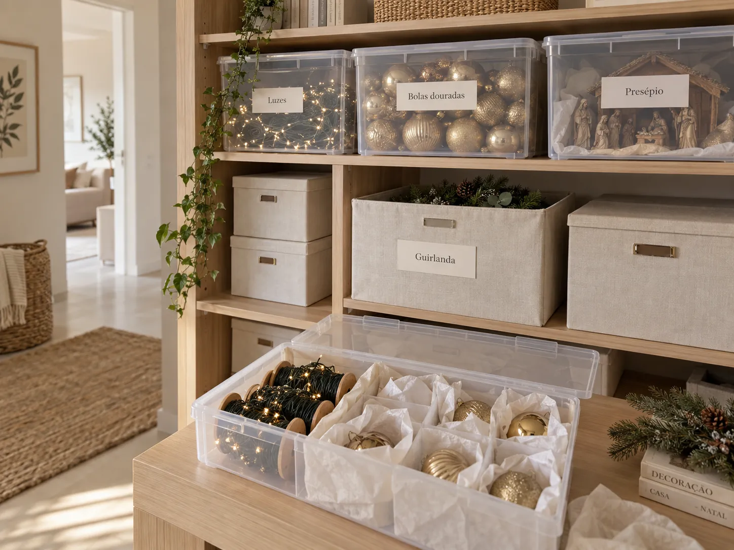Christmas decorations stored in labeled organizer boxes