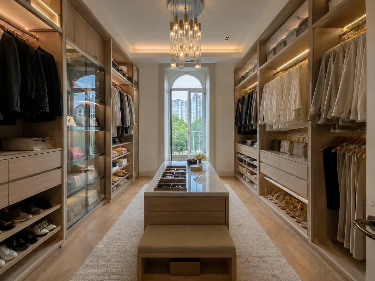 Closet/vestiário de alto padrão com roupas, calçados e bolsas organizados por categoria e cor após a mudança, ilha central iluminada, Silvana Organizer