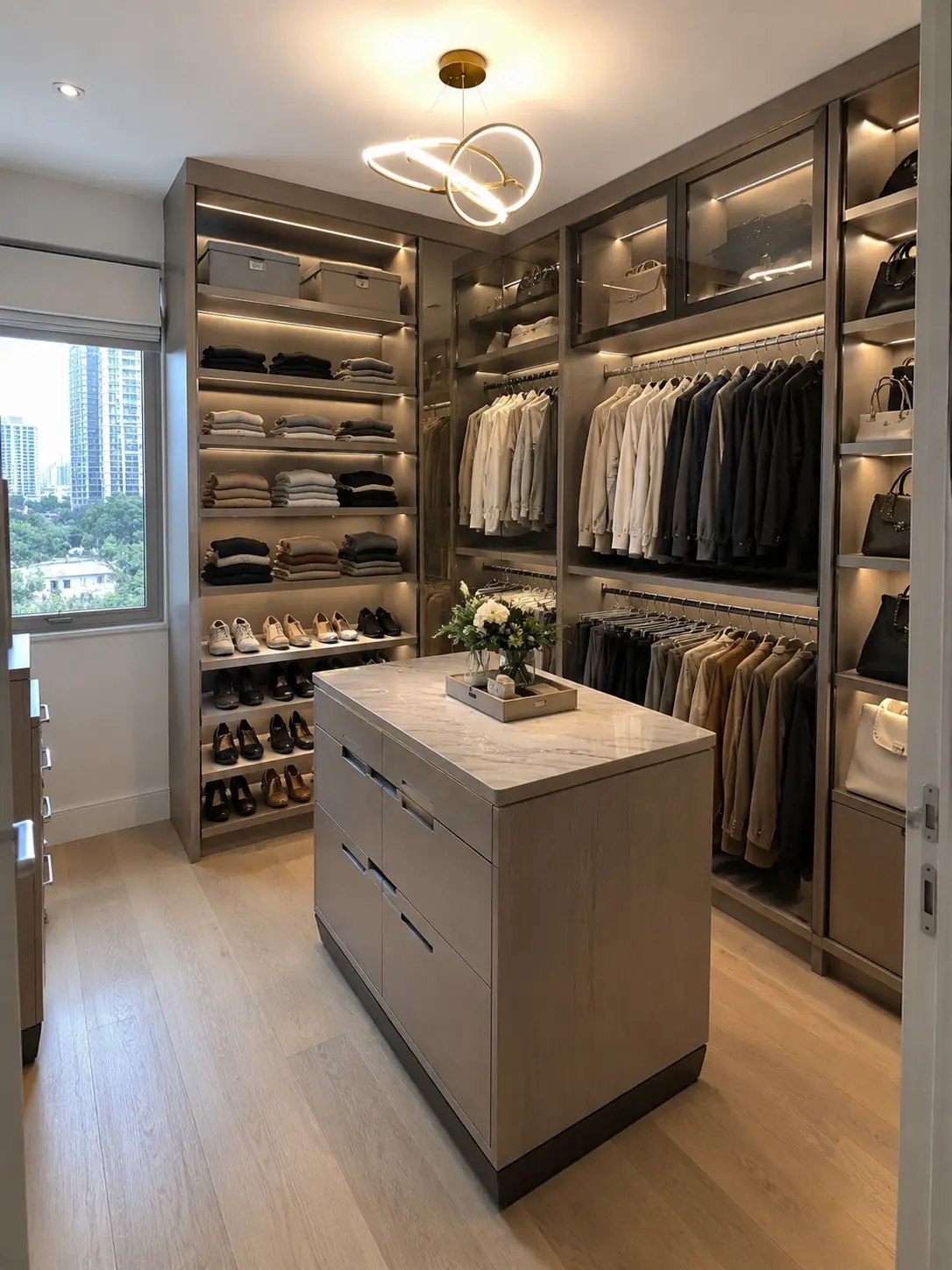Closet walk-in masculino de alto padrão com ternos, camisas, calçados e bolsas organizados por categoria e cor, ilha central iluminada, após a mudança, Silvana Organizer
