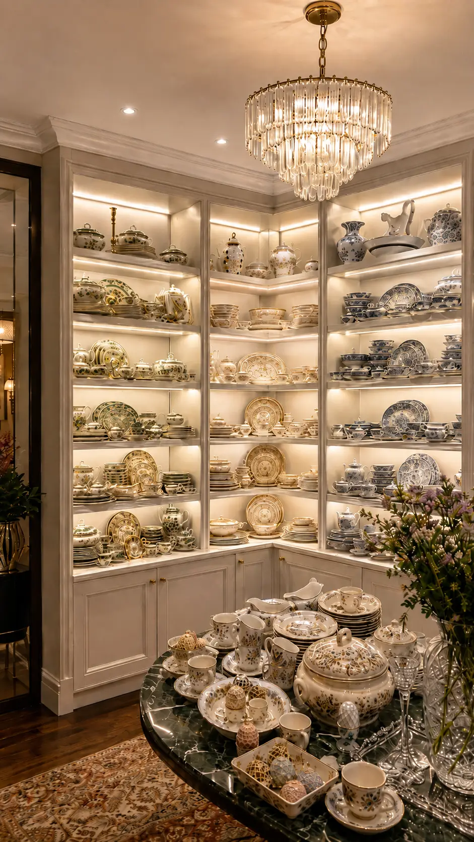 Cristaleira de alto padrão iluminada com porcelana, louças e travessas organizadas por tipo nas prateleiras após a mudança, Silvana Organizer