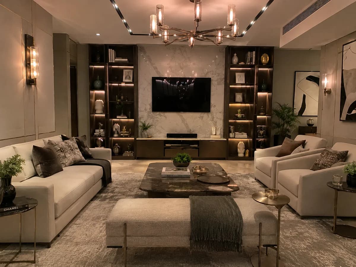 Sala de estar de alto padrão montada e organizada após a mudança, com home theater, estantes iluminadas e objetos no lugar, Silvana Organizer