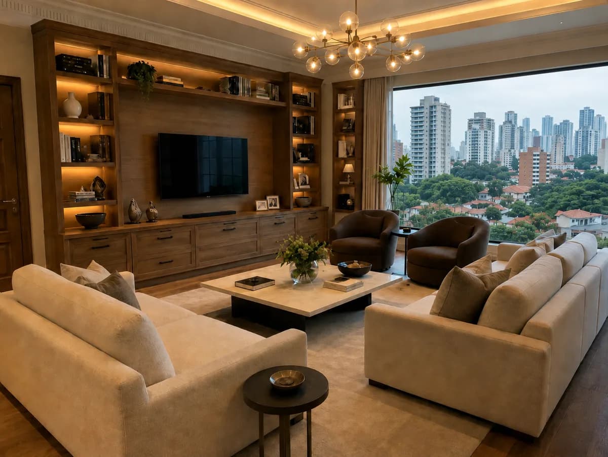 Sala de estar com home theater, estantes em madeira e ambiente de convivência organizados após a mudança, vista para a cidade, Silvana Organizer