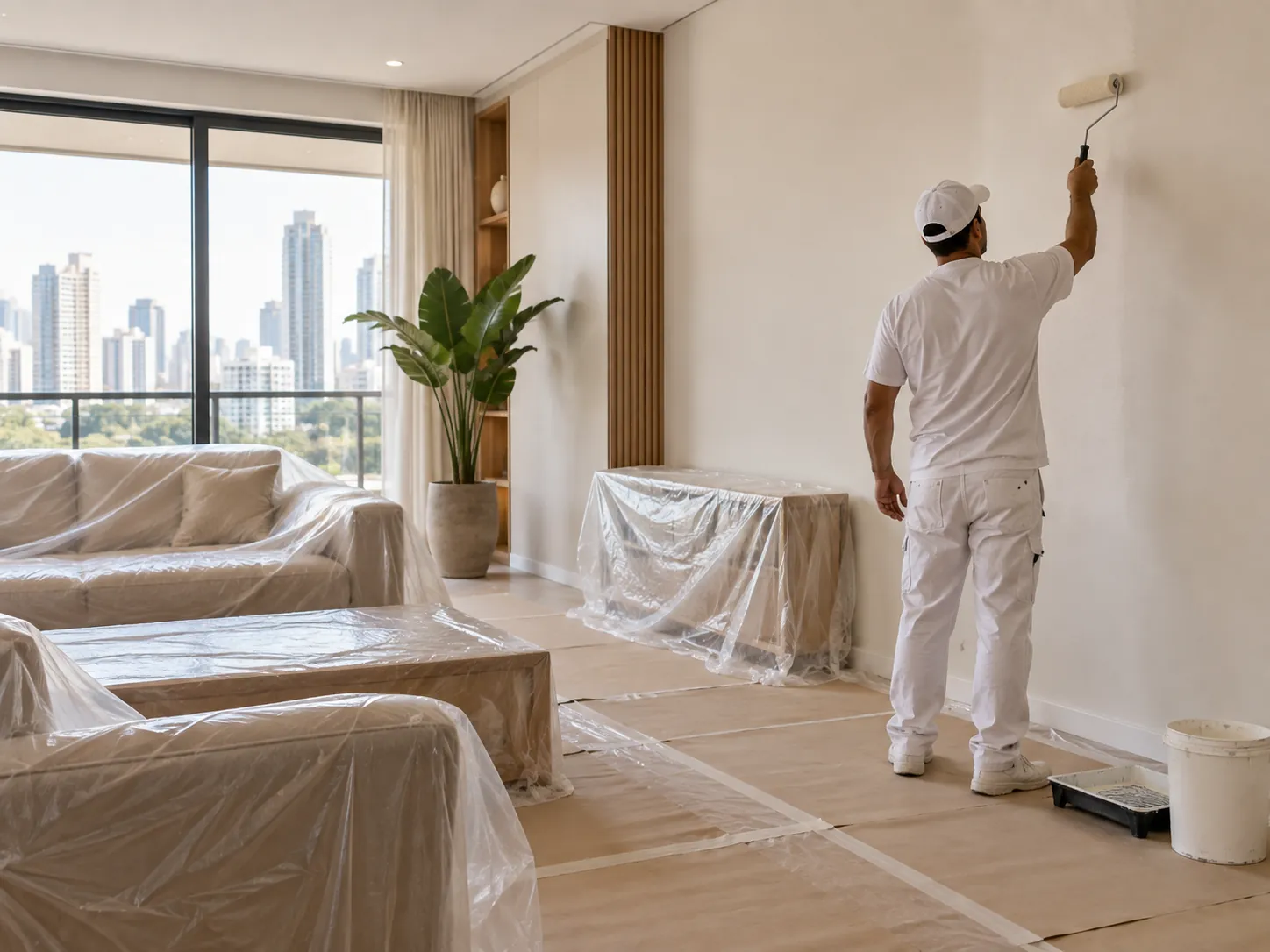 Painter working in an apartment with furniture covered during a small renovation