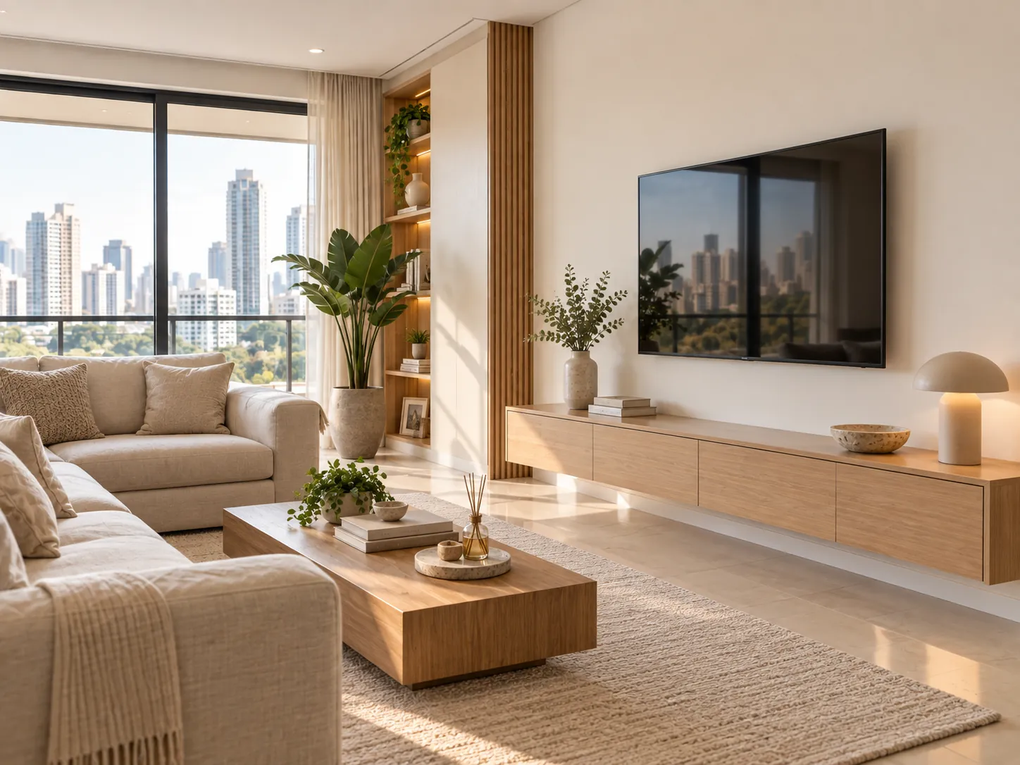 Clean, organized living room after a small apartment renovation