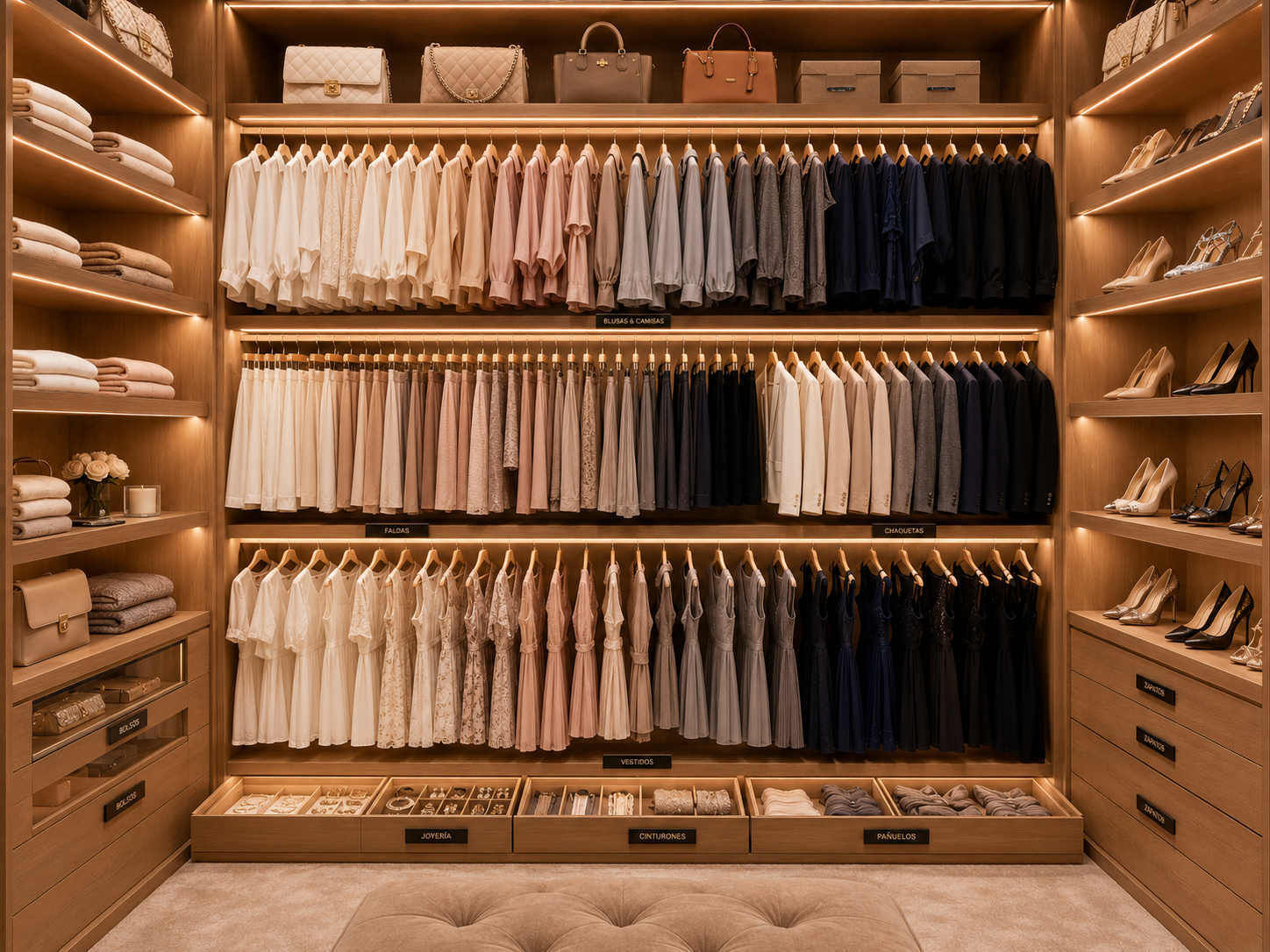 Armário organizado com roupas dobradas e separadas por categoria