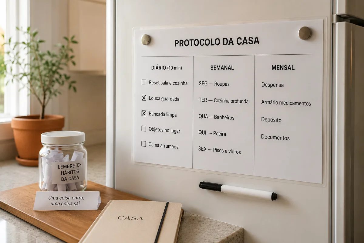 Checklist de manutenção de organização doméstica plastificado na geladeira com rotinas diária, semanal e mensal