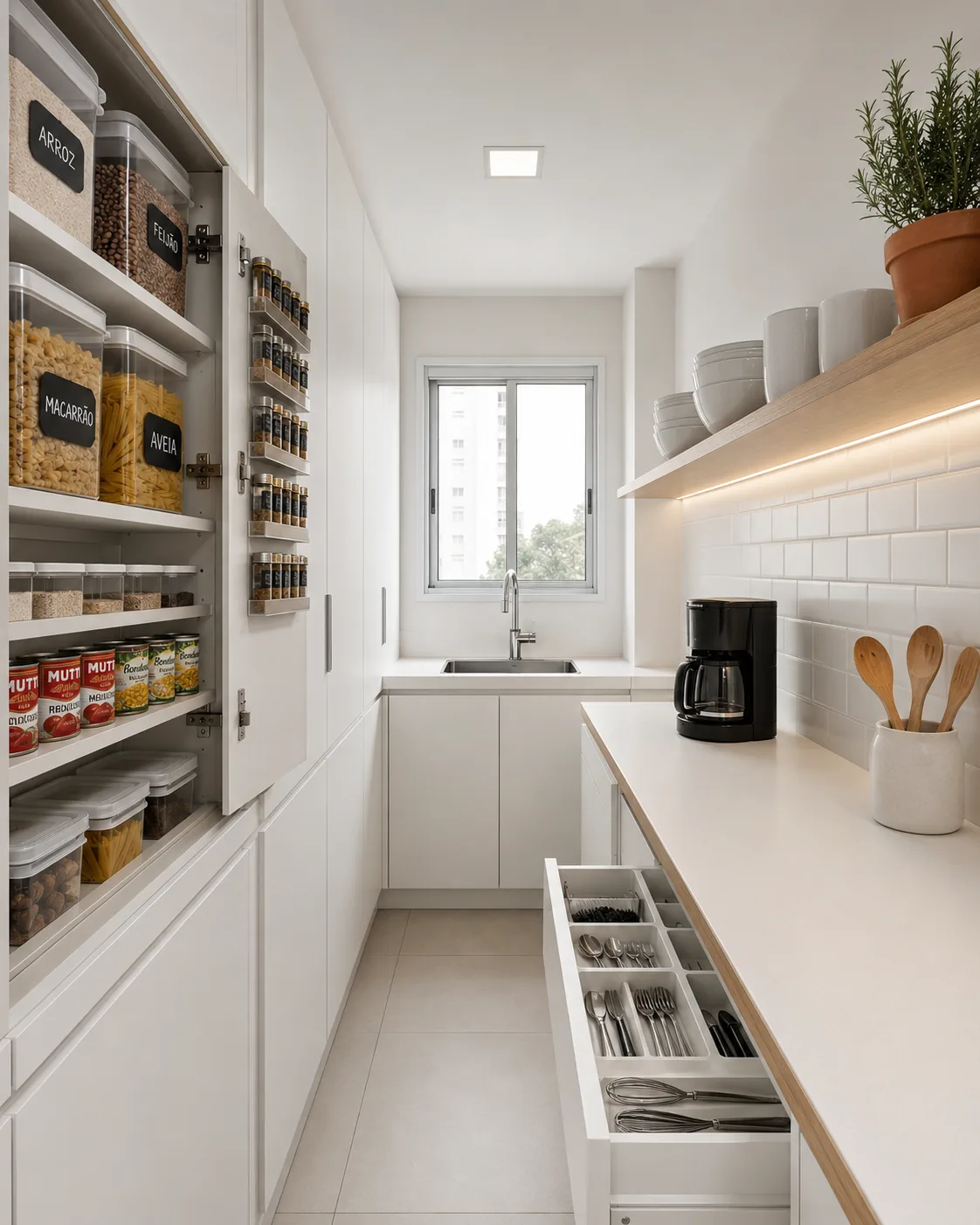 Cozinha compacta de apartamento pequeno em São Paulo organizada com aproveitamento vertical máximo