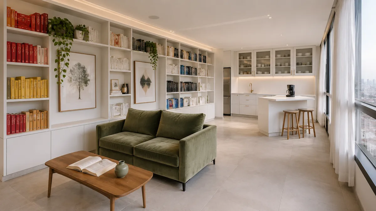 Sala de apartamento pequeno em São Paulo organizada com zonas definidas para sala, jantar e home office
