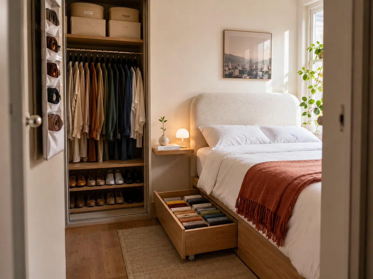 Quarto pequeno organizado com guarda-roupa aproveitado ao máximo e espaço sob a cama utilizado