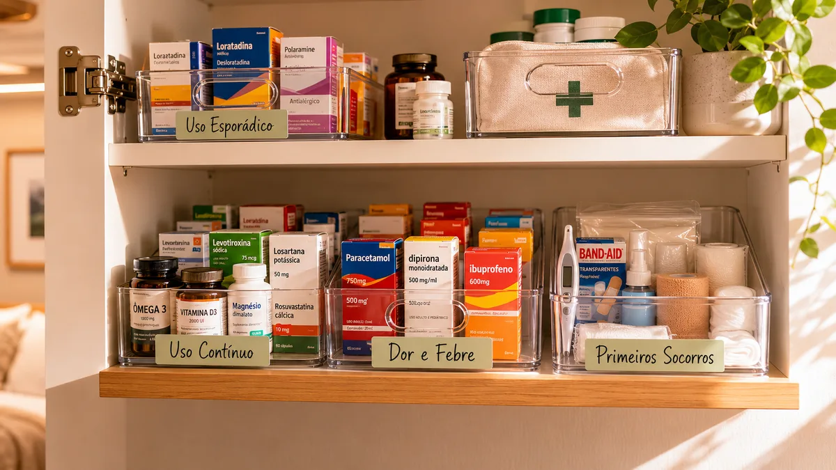 Armário de medicamentos aberto mostrando organização por categorias com etiquetas: uso contínuo, uso frequente, primeiros socorros e uso esporádico