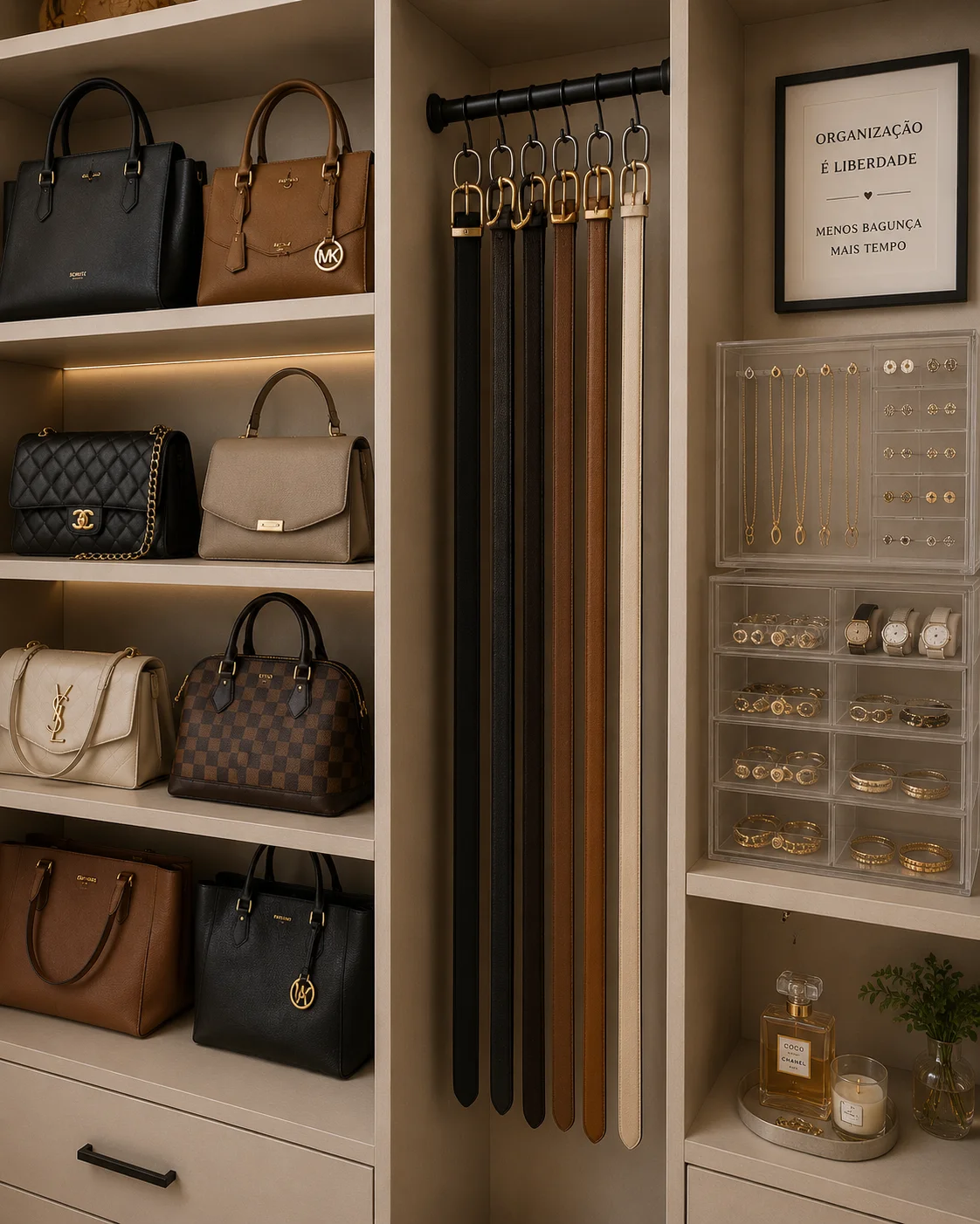 Closet organizado com bolsas em prateleira aberta, cintos pendurados e bijuterias em organizador de acrílico