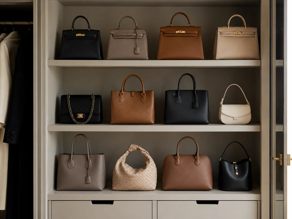 Bolsas organizadas em prateleiras abertas de closet, cada uma em pé e visível