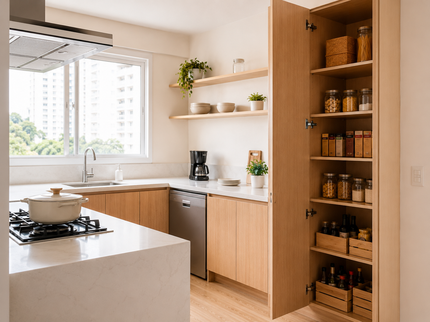 Cozinha organizada por zonas em apartamento após mudança em São Paulo