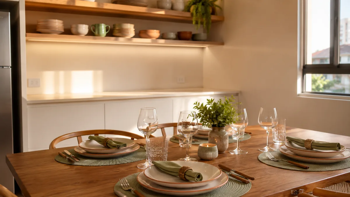 Cozinha de apartamento organizada e preparada para receber visitas, bancada limpa e mesa posta para refeição