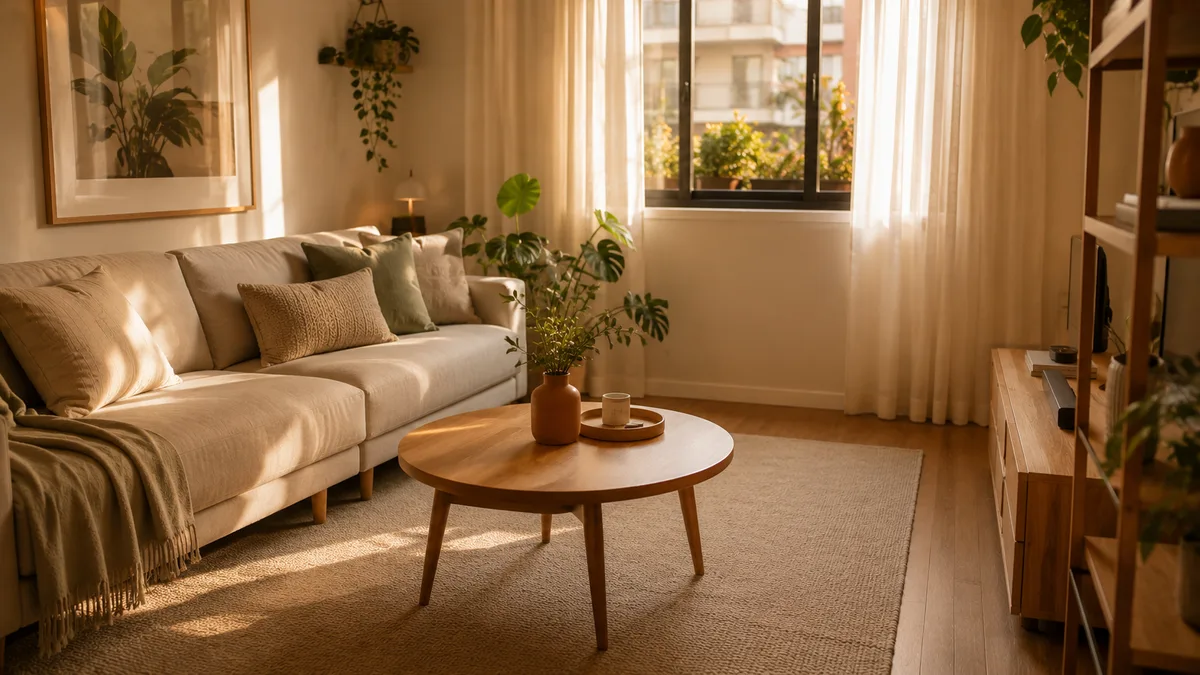 Sala de apartamento em São Paulo organizada com superfícies limpas, almofadas no lugar e ambiente pronto para receber visitas