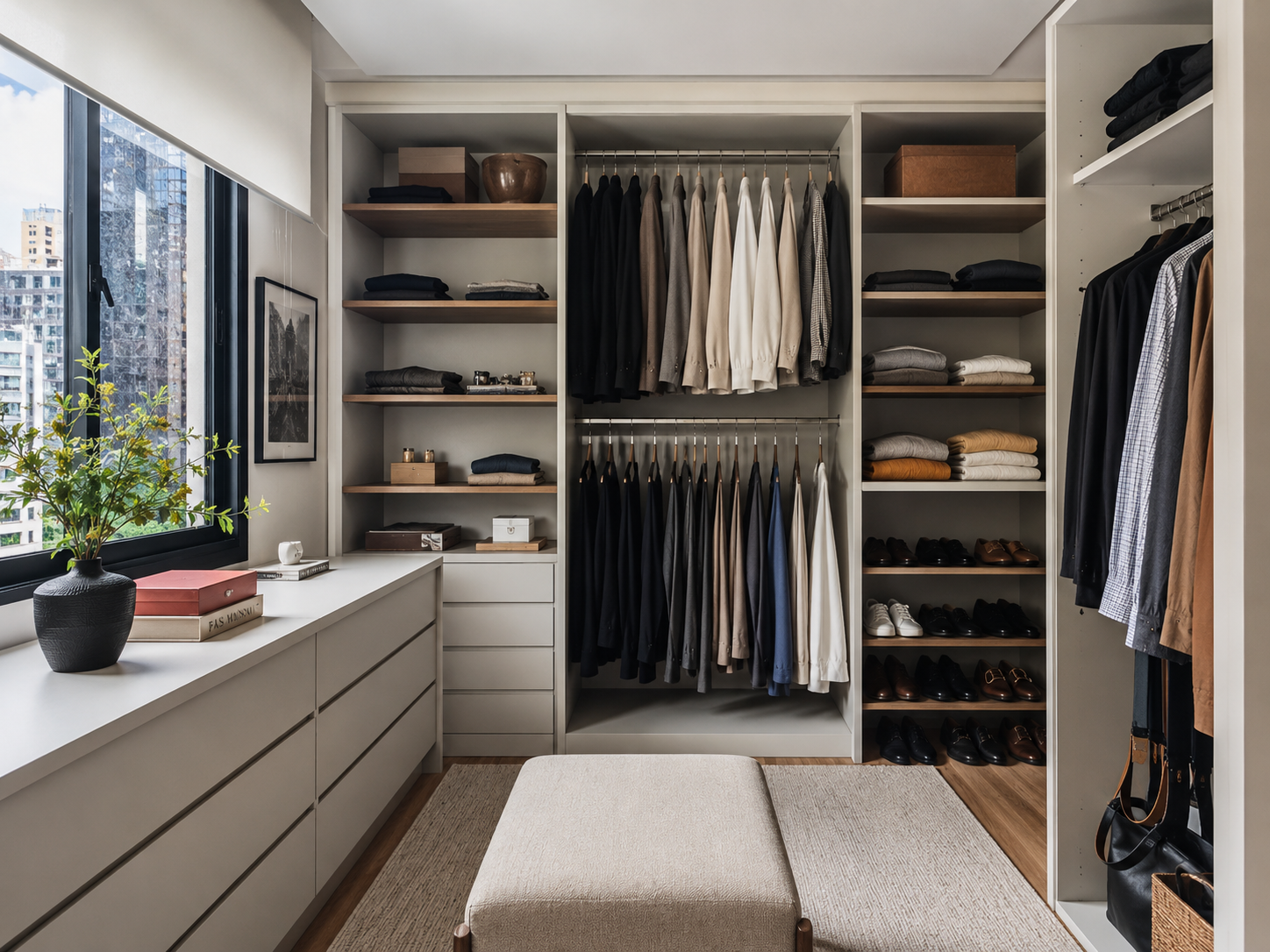 Closet organizado por personal organizer em São Paulo com sistema de zonas de uso