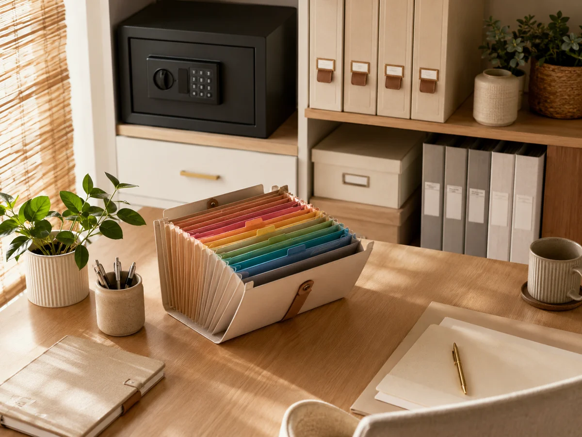 Sistema de organização de documentos com pastas coloridas etiquetadas por categoria