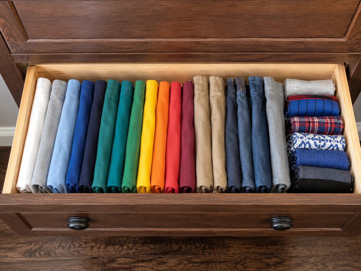Gaveta com camisetas dobradas verticalmente em estilo KonMari, todas visíveis