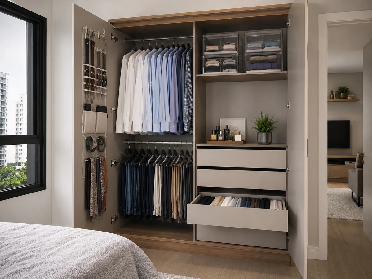 Guarda-roupa pequeno organizado por zonas com cabides uniformes e gavetas com dobra vertical