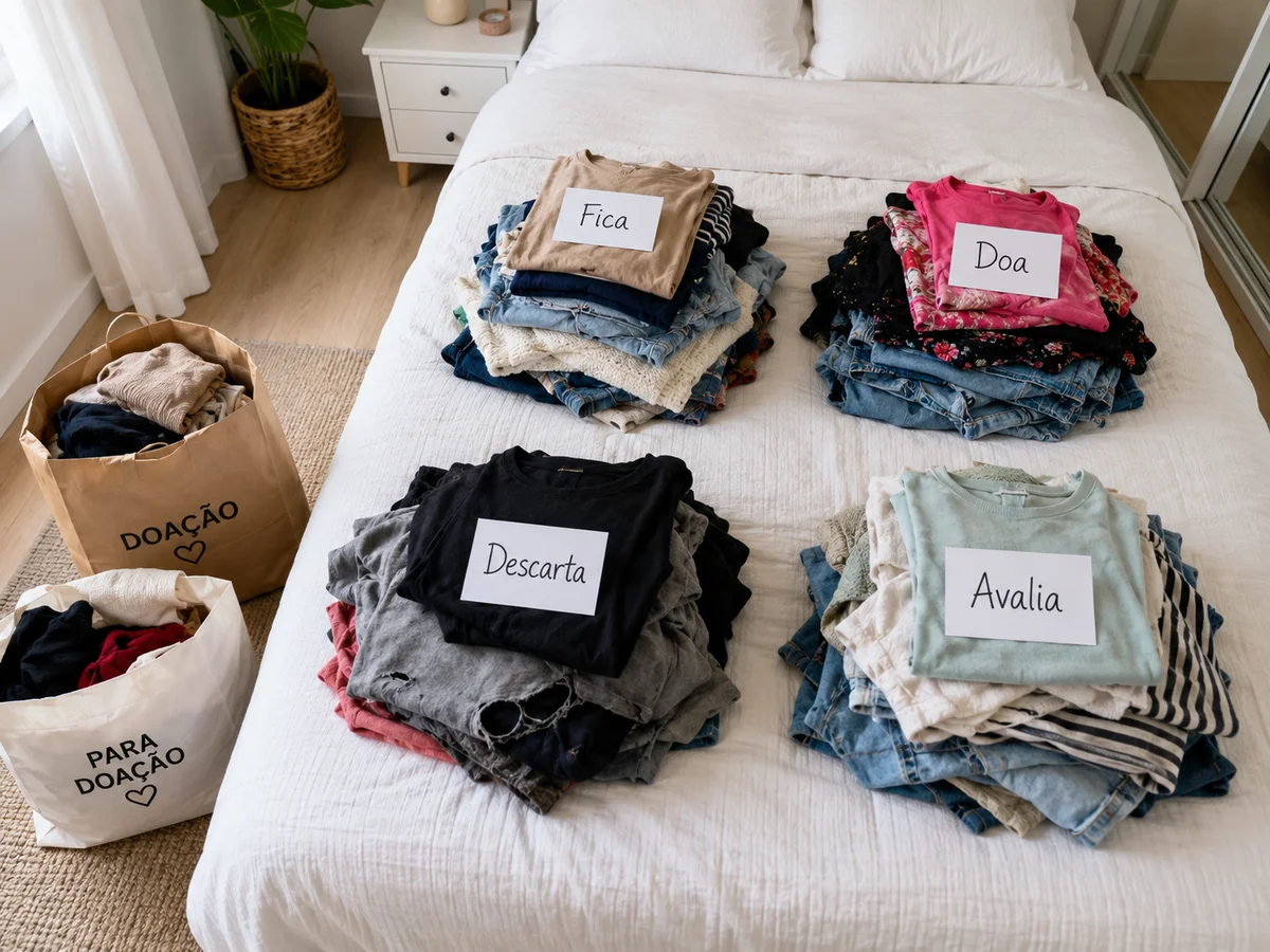Roupas separadas em pilhas no chão durante auditoria de guarda-roupa