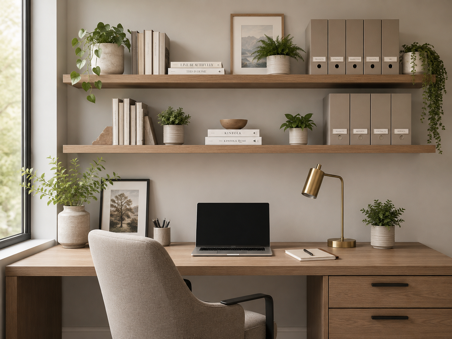 Mesa de home office organizada com zonas definidas