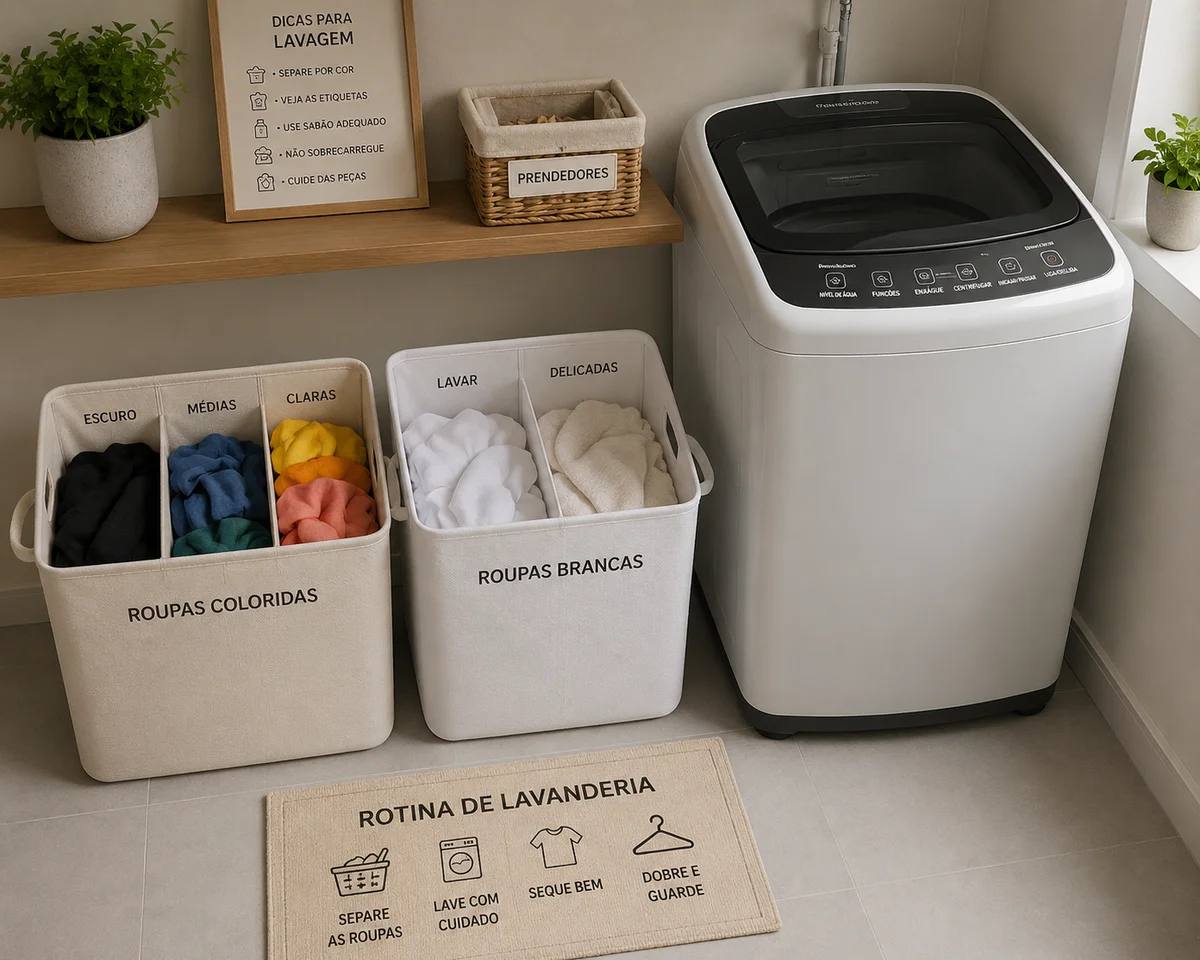 Cestos de roupas separadas por cor com etiquetas ao lado de máquina de lavar organizada